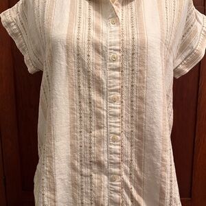 Lucky Brand Cream Relaxed Short Sleeve Mandarin Collar Shirt